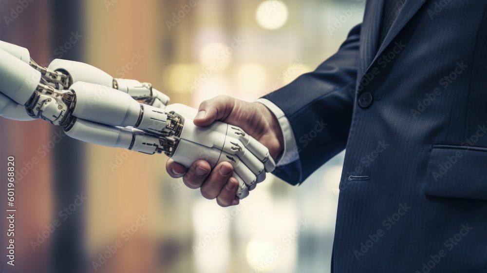human and robot shaking hands, generative ai