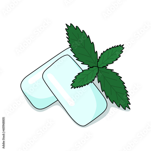 Mint flavor gum pads with fresh mint leaves, doodle style flat vector illustration for coloring book