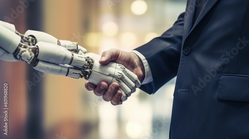 human and robot shaking hands, generative ai © carballo