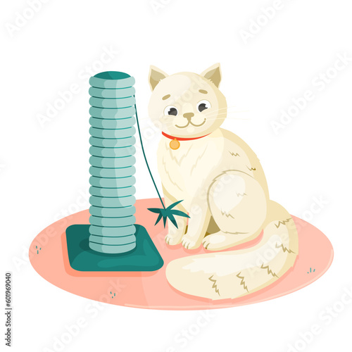 Cat sitting next to scracther. Cute kitty vector illustration. 