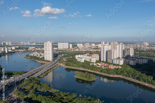 Aerial view of Hanoi skyline cityscape at Belt No.3, Linh Dam lake