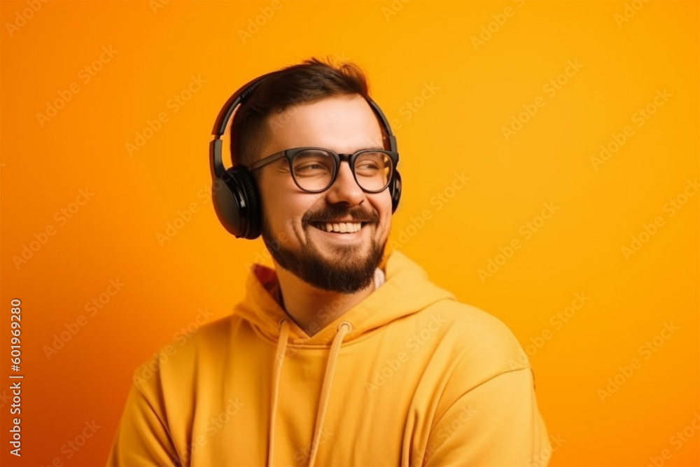 Fototapeta premium young happy man on a bright background in headphones listens to music. Generative AI
