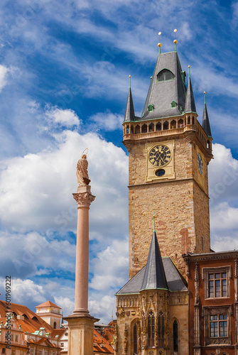 Photography Old Town Hall medieval clock tower among clouds in Prague, a city landmark erect