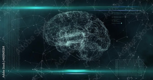 Flying inside Artificial Intelligence Digital Brain bid Data. Illustration of thinking process. Future technology. AI deep learning computer machine. 3d render