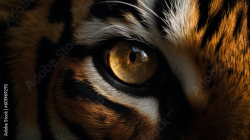 Close up tiger eye. Wildlife animal. Generative AI technology. 