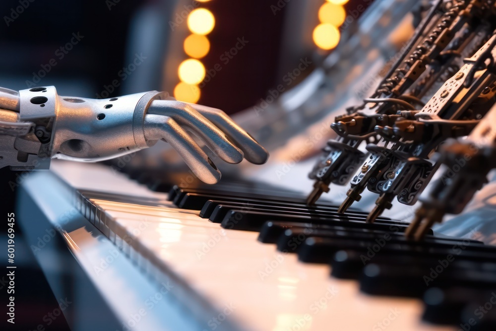  artificial intelligence mechanical hand plays the piano. Concepts of prosthetics or artificial intelligence. Generative AI