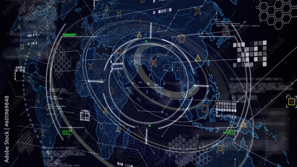Animation of scope scanning over round scanner, world map and data processing