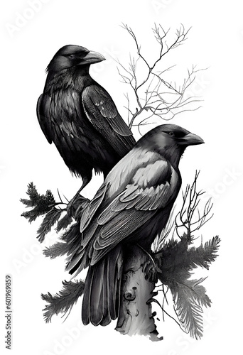 Two black raven in Art black drawn in Charcoal Ink and Pencil