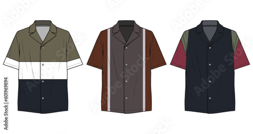 Men's color block Resort Shirt, Notched Collar Short Sleeve Shirt, Lapel Collar Shirt Set Fashion Illustration, Vector, CAD, Technical Drawing, Flat Drawing, Template, Mockup.