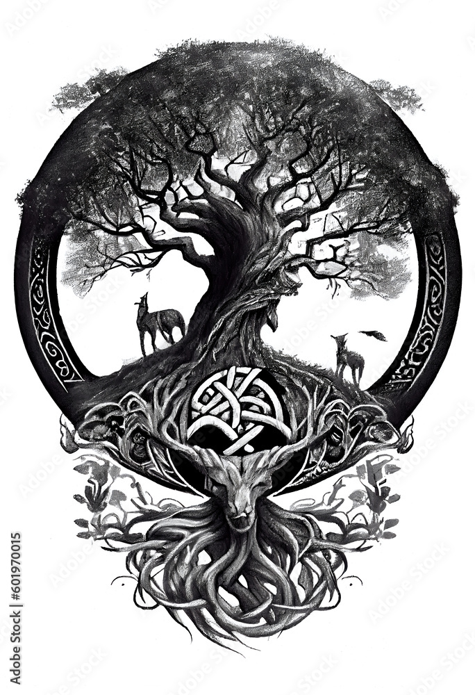 Viking world tree Yggdrasil in Art black drawn in Charcoal Ink and Pencil - obrazy, fototapety, plakaty 