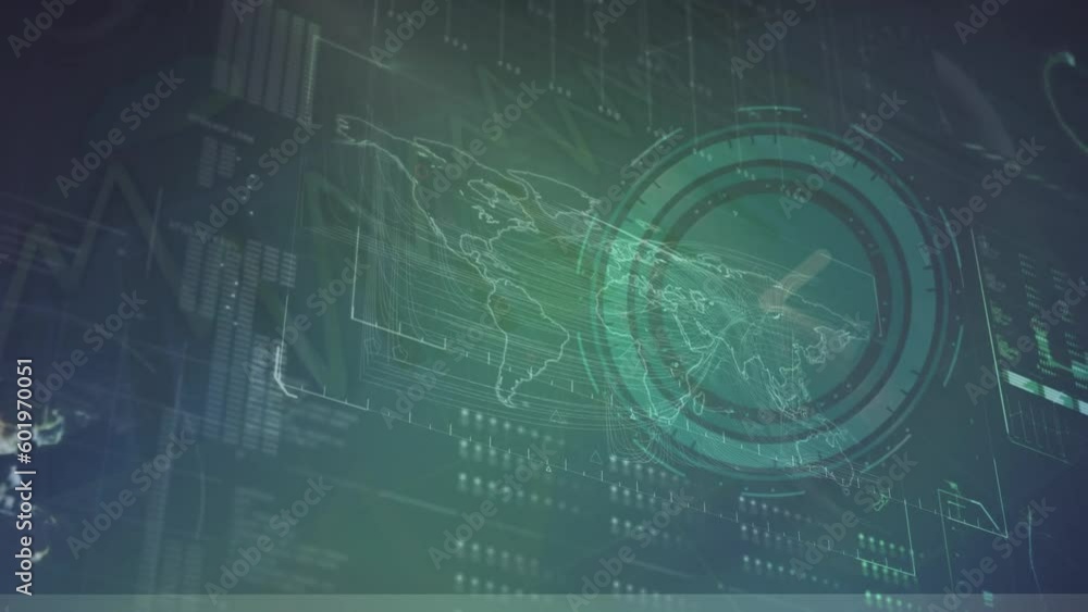 Animation of neon ticking clock against interface with data processing over world map Animation of neon ticking clock against interface with data processing over world map