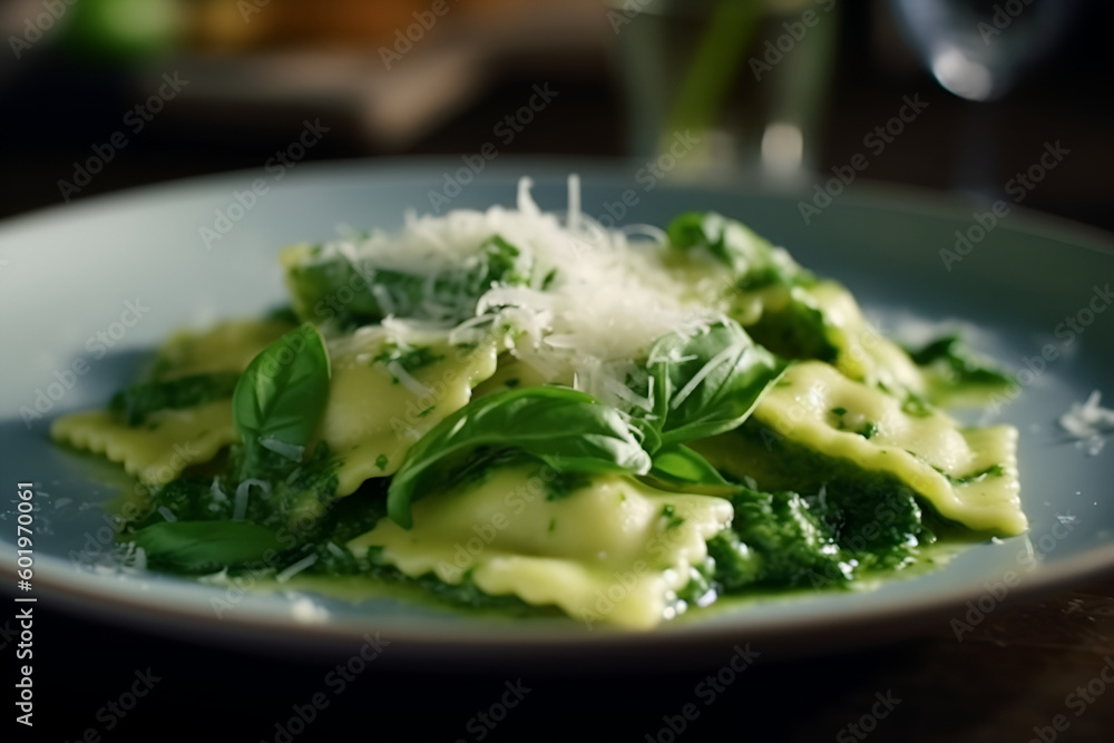 Ravioli with spinach and basil on a dark background, closeup, generative AI. Ravioli with spinach and basil on a dark background, closeup, generative AI.