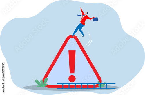 Mistake caution,businessman risk or problem warning, failure prevention or avoid danger concept, cautious businessman slip falling on exclamation symbol beware, careful caution sign.fail vector illust