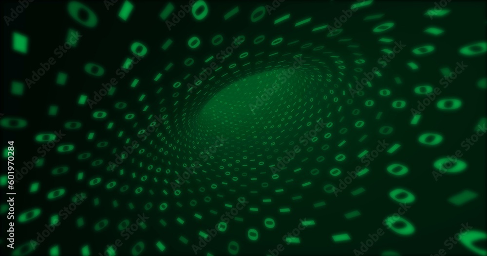 Neon Digital green binary tunnel. Seamless background for network, big data, data center, digital event. 3D illustration Neon Digital green binary tunnel. Seamless background for network, big data, data center, digital event. 3D illustration