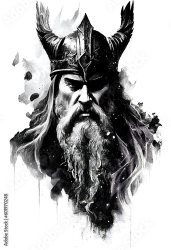 Viking god Odin Wotan in Art black drawn in Charcoal Ink and Pencil photo