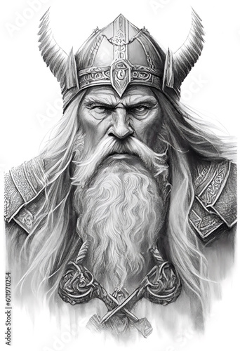 Viking god Odin Wotan in Art black drawn in Charcoal Ink and Pencil photo