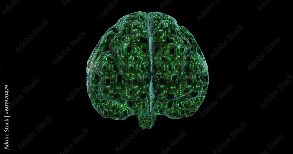 Digital brain made from printed circuit board and processors. Digital neural network artificial intelligence. Brain energy pulsation 3D rendering Digital brain made from printed circuit board and processors. Digital neural network artificial intelligence. Brain energy pulsation 3D rendering