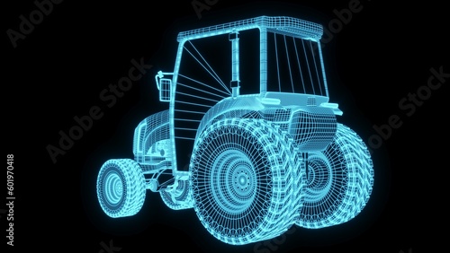 3d rendering illustration Agriculture and Farming car truck.hologram futuristic show technology security for premium product business finance. Harvester trucks  tractors  farmers and village farm
