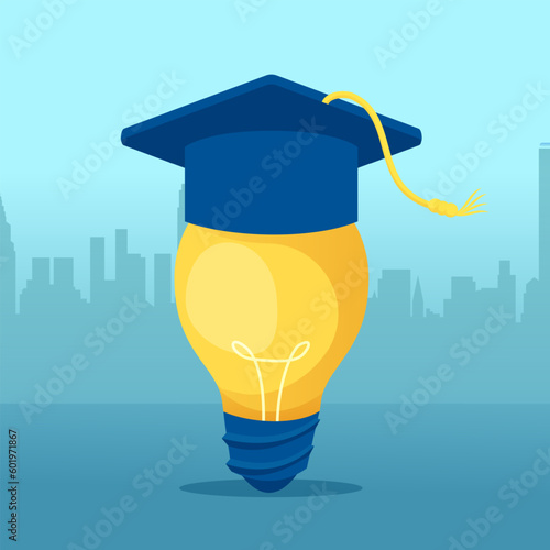 Vector of a bright lightbulb with a graduation cap on top on cityscape background