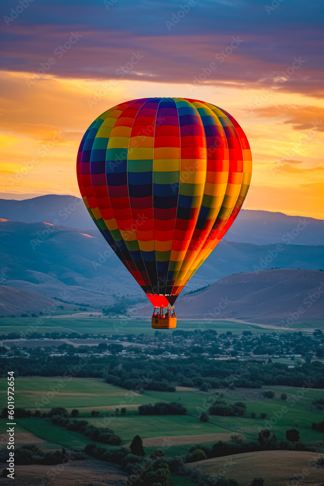 Large colorful hot air balloon flying over lush green valley under colorful sky. Generative AI.