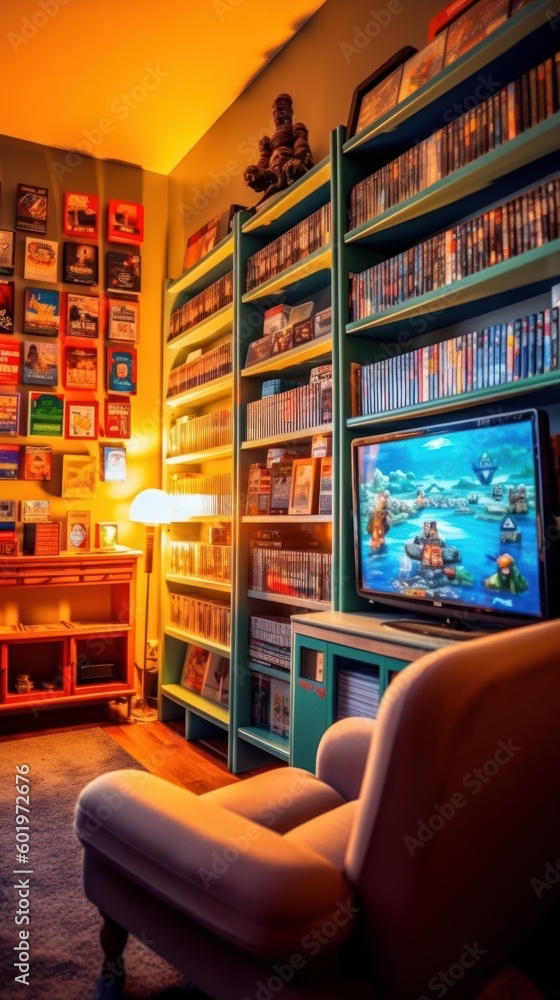 Retro game room, room for playing classic video games, 80s and 90s. Arcade machines, game consoles, nostalgic decor. Generative AI Retro game room, room for playing classic video games, 80s and 90s. Arcade machines, game consoles, nostalgic decor. Generative AI