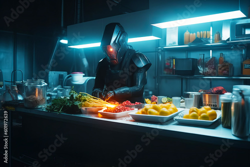 Man in futuristic suit is cooking in kitchen with lot of food on the counter. Generative AI.