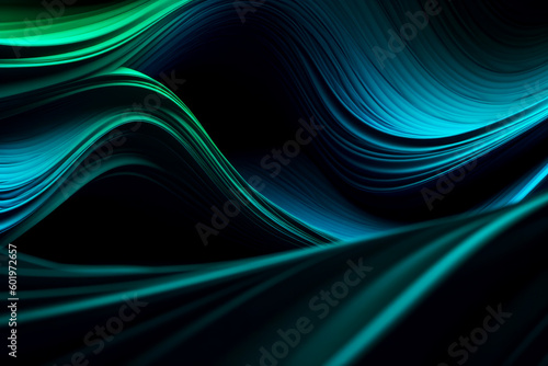 Dark background with green and blue wave on the left side of the image. Generative AI.