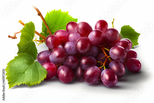 Bunch of grapes with green leaves on white background with space for text. Generative AI.
