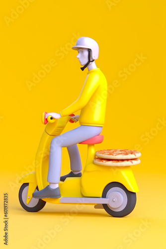 Man riding yellow scooter with pizza on the back. Generative AI.