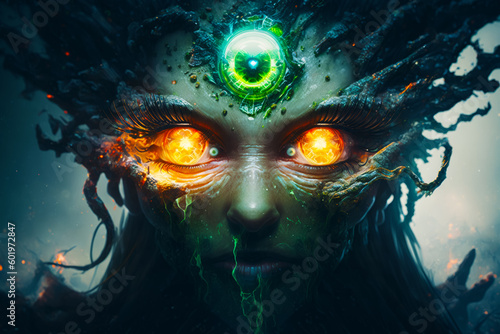 Digital image of woman's face with glowing green eye. Generative AI.