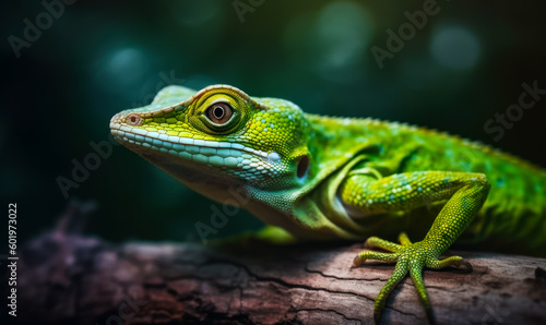 Close up of green lizard on tree branch with blurry background. Generative AI.