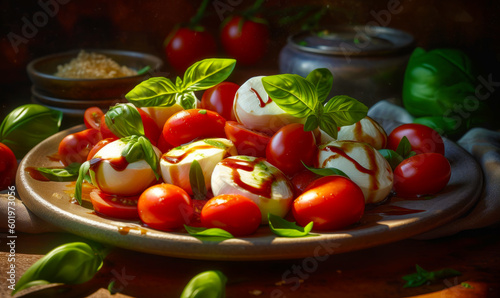 Plate of mozzarella and cherry tomatoes with basil leaves on them. Generative AI.