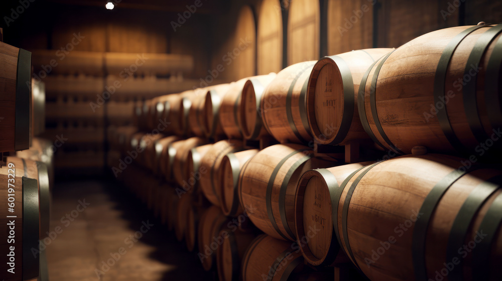 Bunch of wine barrels stacked on top of each other in cellar. Generative AI.