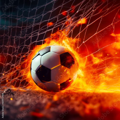 Soccer ball is in the middle of fire filled goalie net. Generative AI.