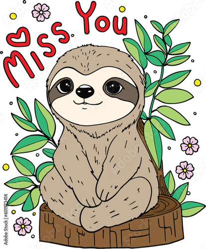 Miss you. Cute Sloth in the forest. Valentine's day.  Hand drawn with black and white lines. Coloring for adults and kids. Vector Illustration.