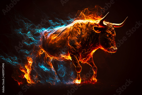 Bull that is standing in the middle of fire and ice scene. Generative AI. © valentyn640