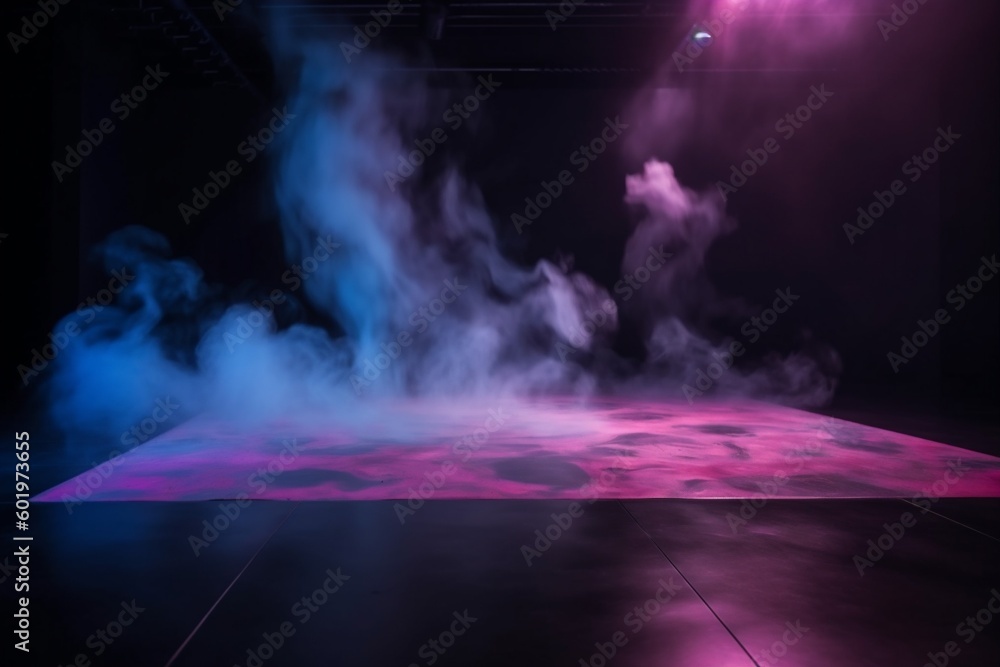 abstract smoke space room modern blue rays light fog neon background. Generative AI.