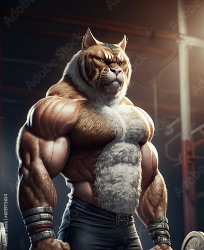 muscular tiger athlete bodybuilder trains in gym. Generative AI illustration