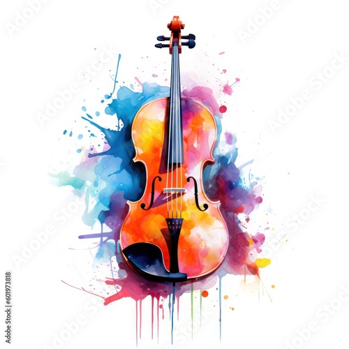 Abstract musical design with violin and colorful splashes  notes and waves on a white background. Colorful violin. watercolor style.Generative AI