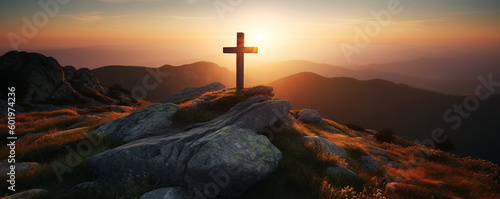 religious christian cross crucifixion on top of mountain at sunset. Generative AI illustration