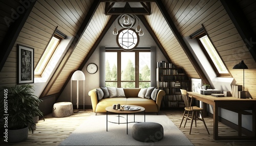 nice room in the attic  soft colors  modern style