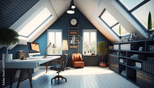 nice room in the attic, soft colors, modern style