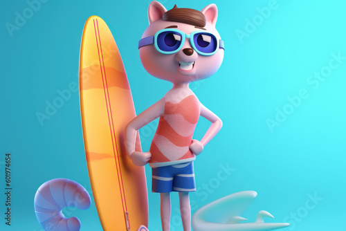 A cartoon character with sunglasses and swimwear holding a surfboard on a blue beach. Perfect for summer vacations, fun sports and nature. Ai generative. © remake