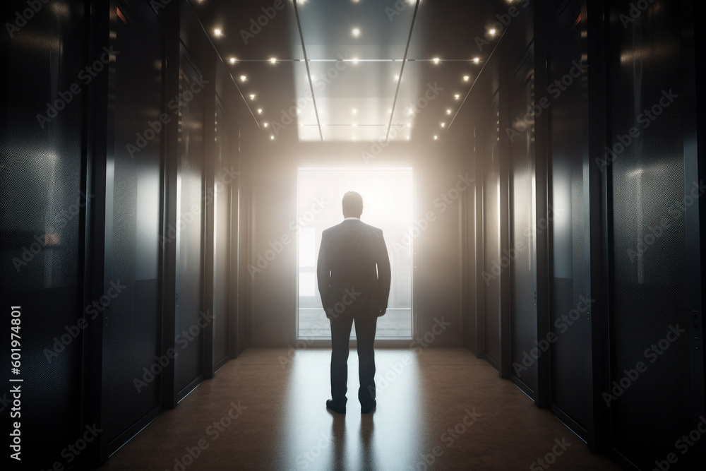 A confident businessman walks down a hallway towards the progress and success of his business. Ai generative.