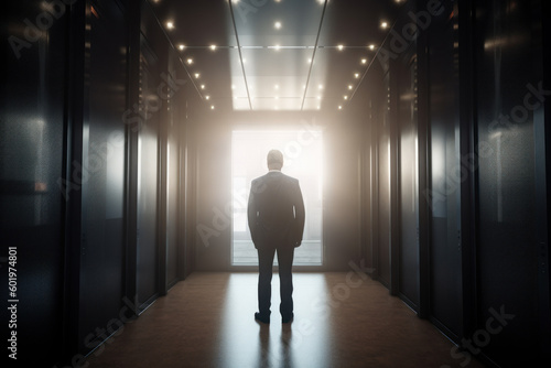 A confident businessman walks down a hallway towards the progress and success of his business. Ai generative.