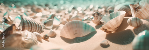 Many pearly seashells and natural pearls scattered on a sandy beach, surrounded by the blue waters of the ocean. Ai generative. photo