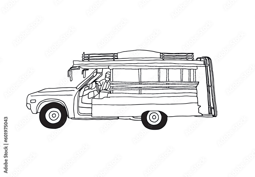 Thailand local minibus, outline vector illustration