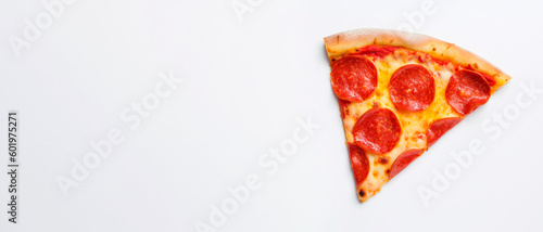Delicious Slice of Pepperoni Pizza on White Background with Copyspace - Perfect for Food Blogs and Restaurant Menus.