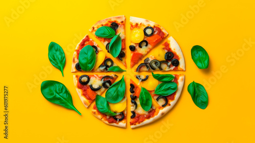 A pizza with olives and basil on a yellow background. flat lay. Generative AI