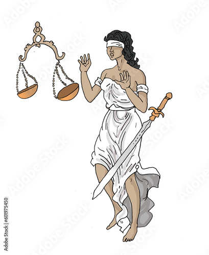 goddess of justice, sword and scales, color illustration
